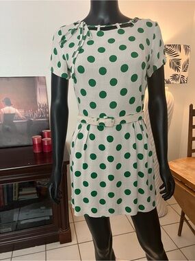 Adorable Vintage Green Polka Dot Mini Dress with Belt